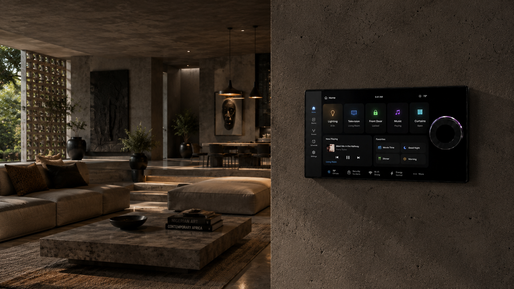 The 'Halo' Smart Control Panel wall-mounted in a modern architectural living room